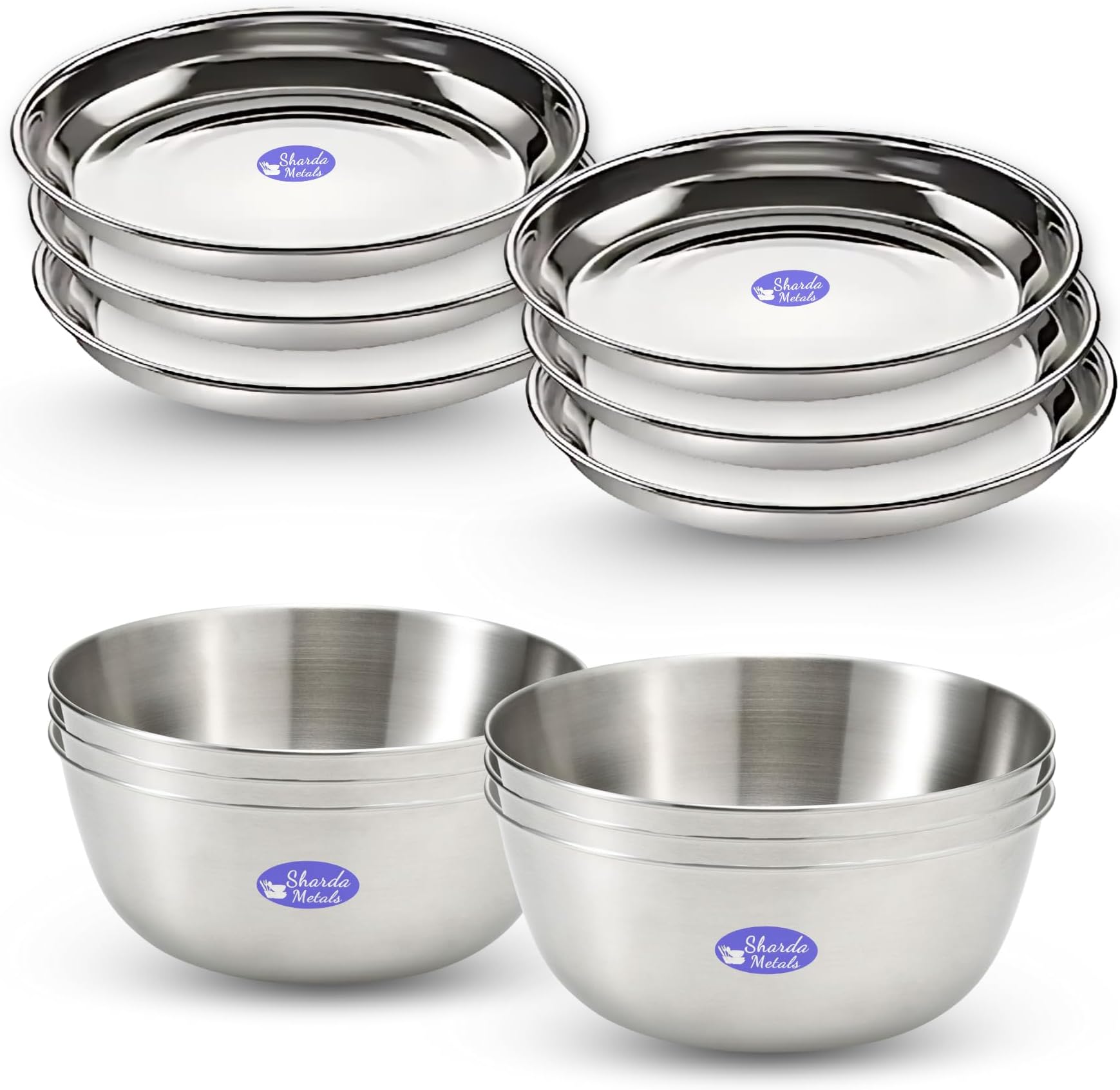 Sharda Metals Stainless Steel 6 Plates and 6 Bowls Dinner Set, for Serving Rice, Poha, Halwa, Dessert, Snacks, Lunch, Breakfast, and Side Dishes, Plates Measuring 5 Inches Each and Bowls with 200 ml