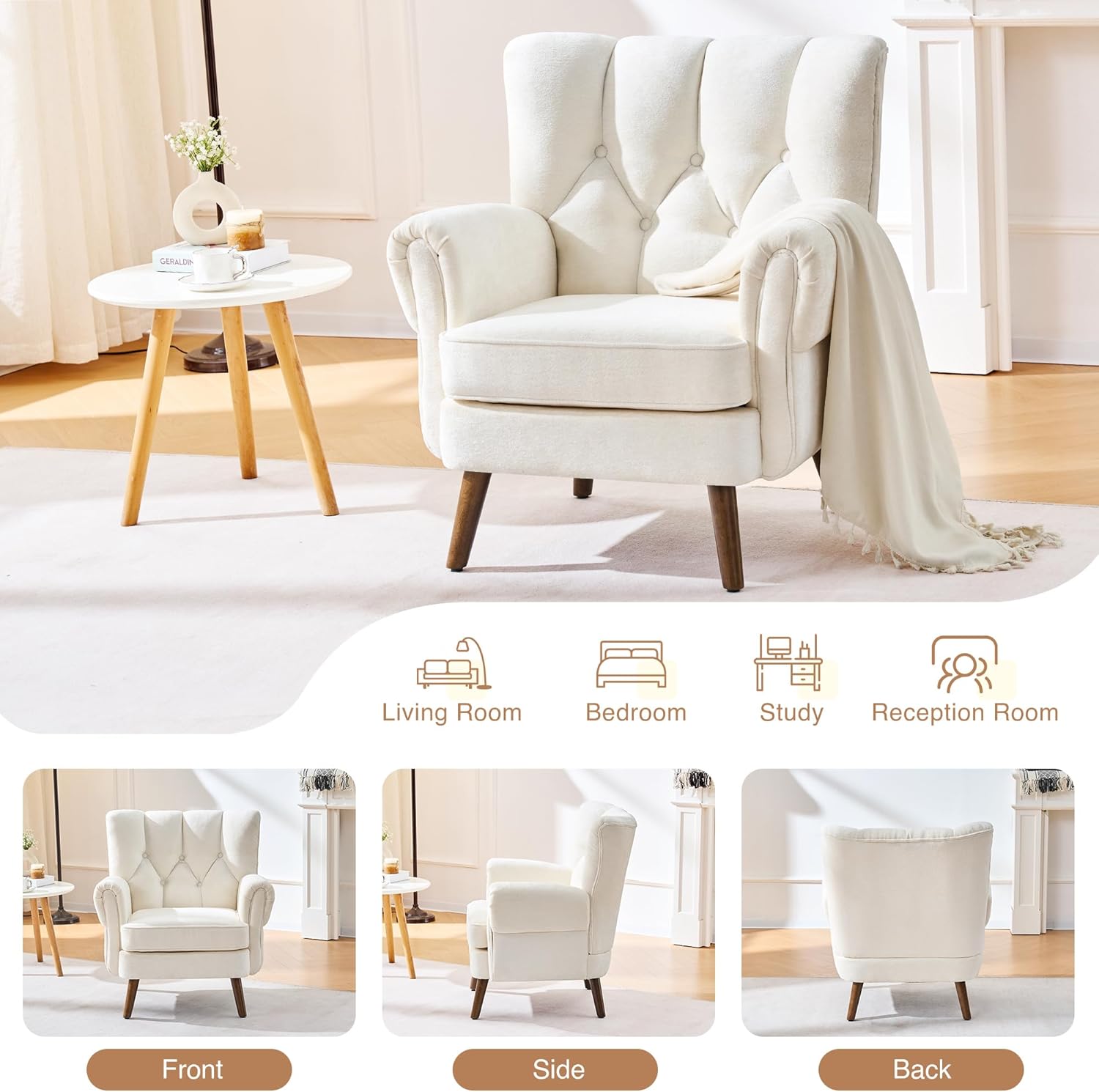 Chenille Wingback Accent Chairs Set of 2, Mid-Century Modern Living Room Armchair with Removable Cushions, High Wingback Reading Chair, Upholstered Comfy Chair for Living Room, Bedroom,Beige