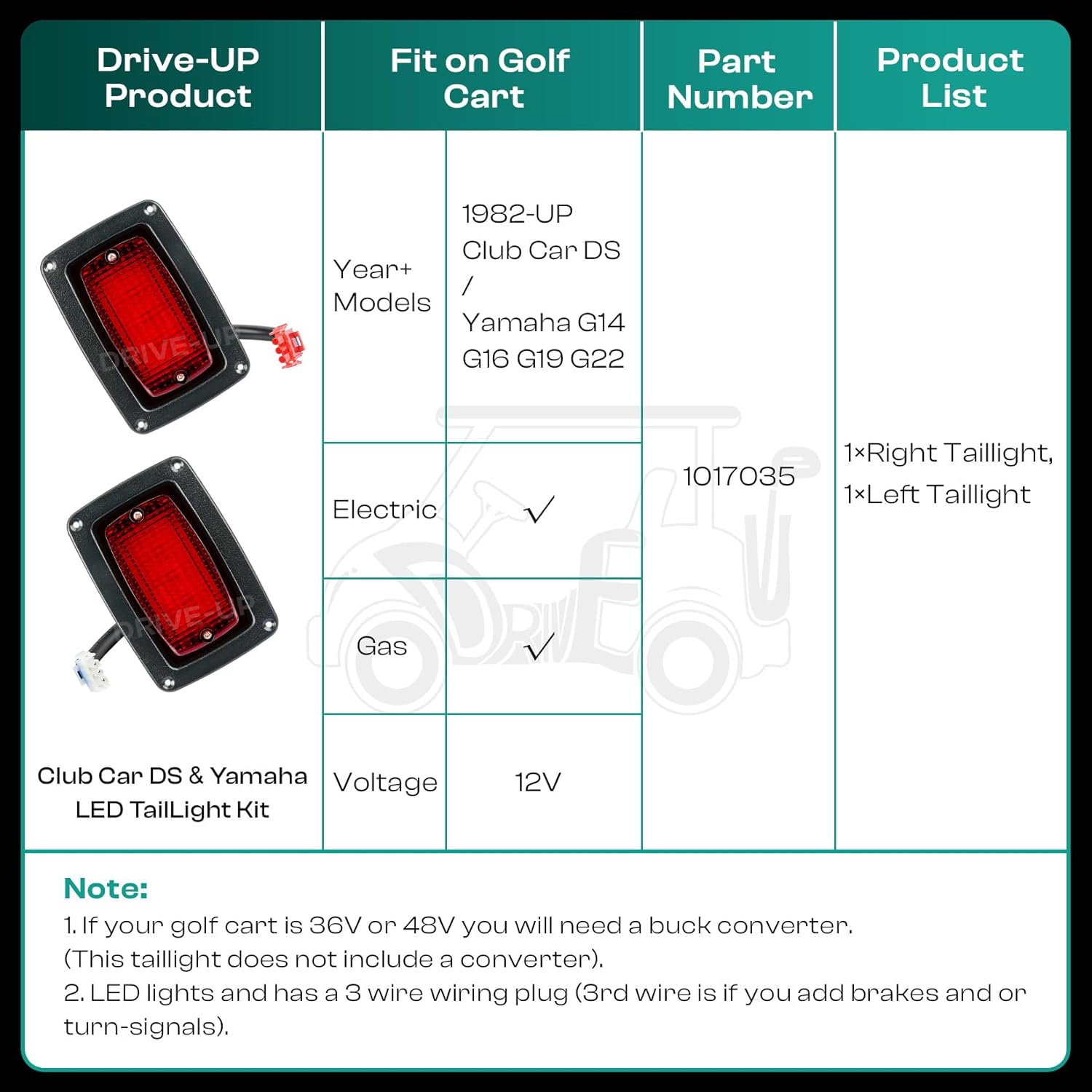 DRIVE UP LED Tail Light Kit for Club Car DS 1982-Up Golf Cart with 3 Wire Club Car Taillights OEM1017035