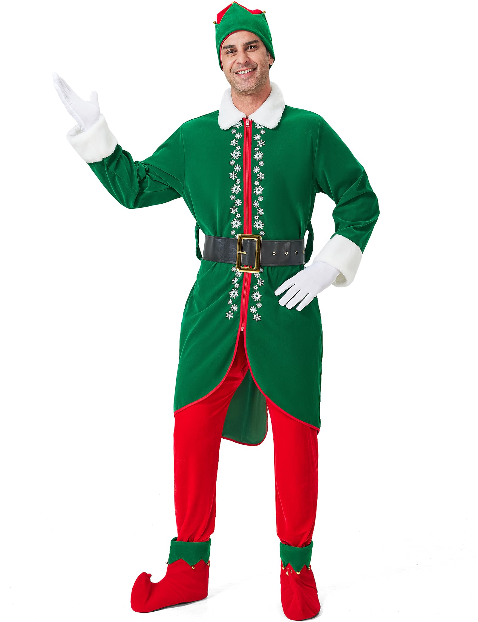Wabolay Elf Costume Men Christmas Elves Costumes Adult 6PCS Deluxe Mens Santa Helper Cosplay Outfit Xmas Holiday Suit Set