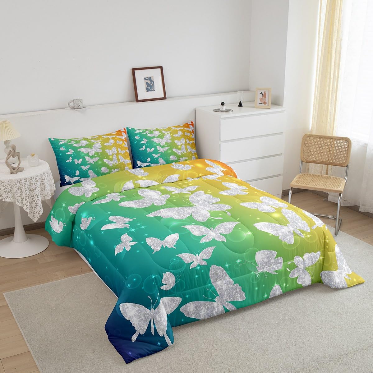 Feelyou Butterfly Bedding Set Full Butterflies Print Comforter Set for Kids Girl Glitter Butterfly Comforter Women Men Teens Decor Beautiful Butterfly Blue Duvet Set Closure