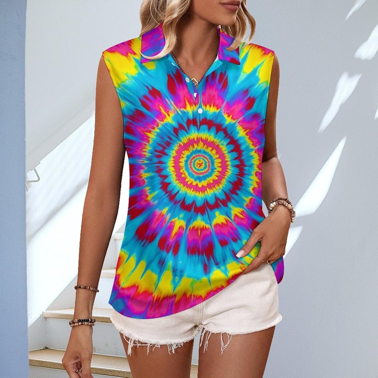 joo meryer Womens Button Down Golf Polo Shirts Colorful Tie Dye Sleeveless Tank Top XS-4X