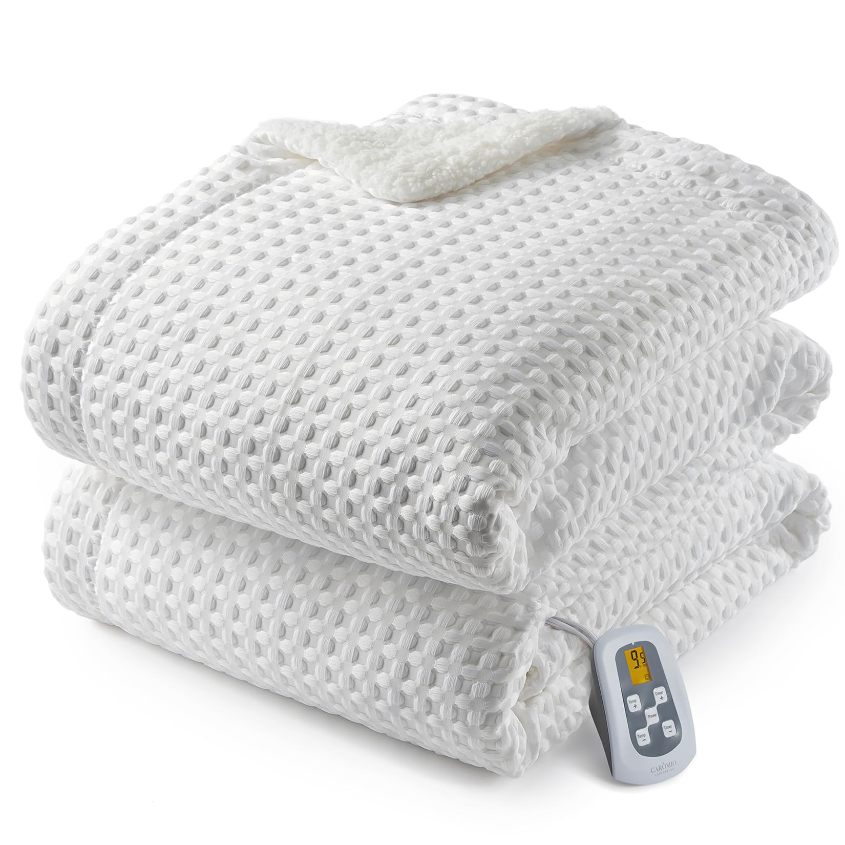Photo 1 of ** HEATED FUNCTION BROKEN/ HAS DOG HAIR*** CAROMIO Heated Blanket Full Size, Waffle Weave Electric Blanket Throw with LCD Controller, Fast Heating, 10 Heat Levels & 1-12H Time Settings, ETL Certified, Machine Washable, Off White, 72" x 84"