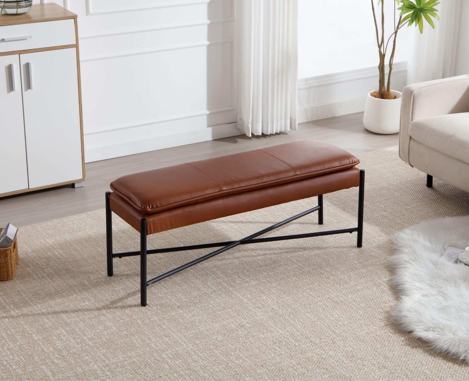 chairus Banc Entrée en Cuir PU, Bout de Lit avec Pieds en Métal, Banc Ottoman pour Chambre Salon Couloir, Marron