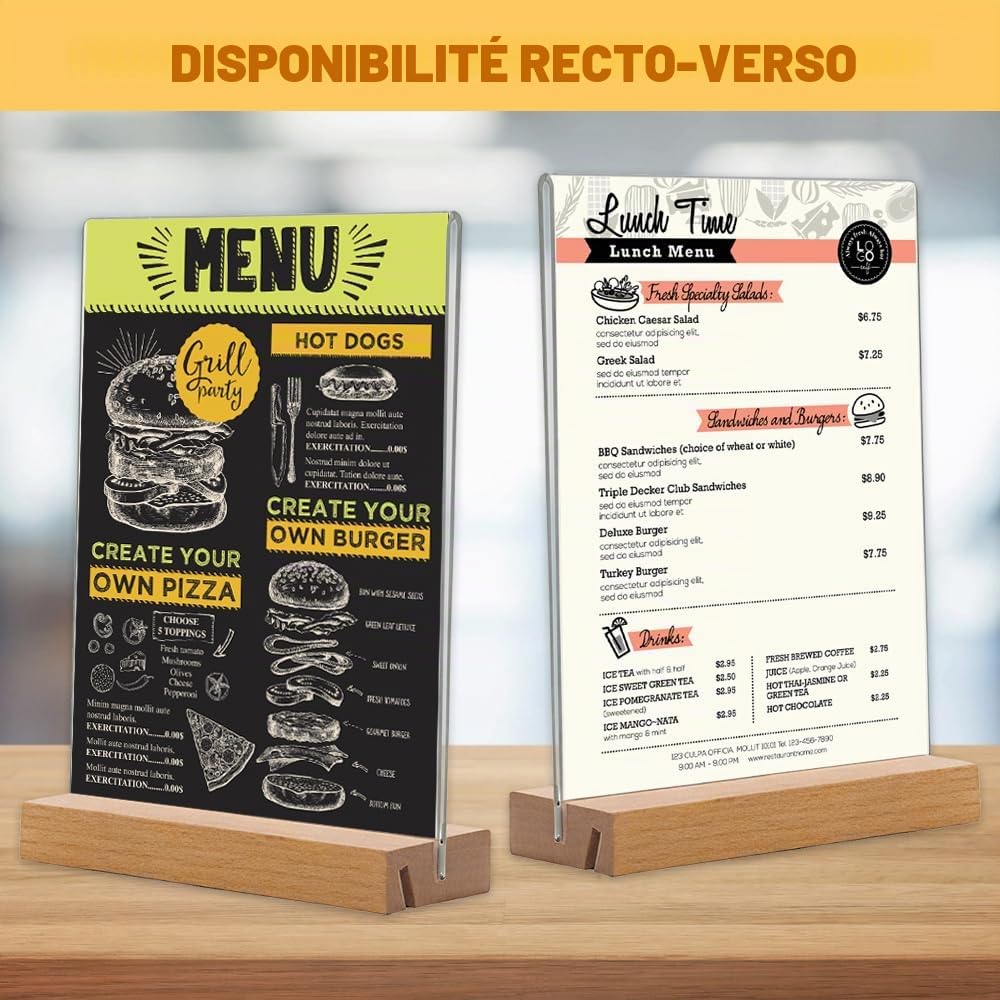 Lot de 3 Présentoirs de Table A5 en Acrylique Transparent avec Base en Bois-Porte-Affiche/Panneau Publicitaire pour Menus,Photos, Publicité (A5-6Pièces-A) | Présentoir double face pour étiquettes de prix et menu pour restaurants, cafés, bureaux