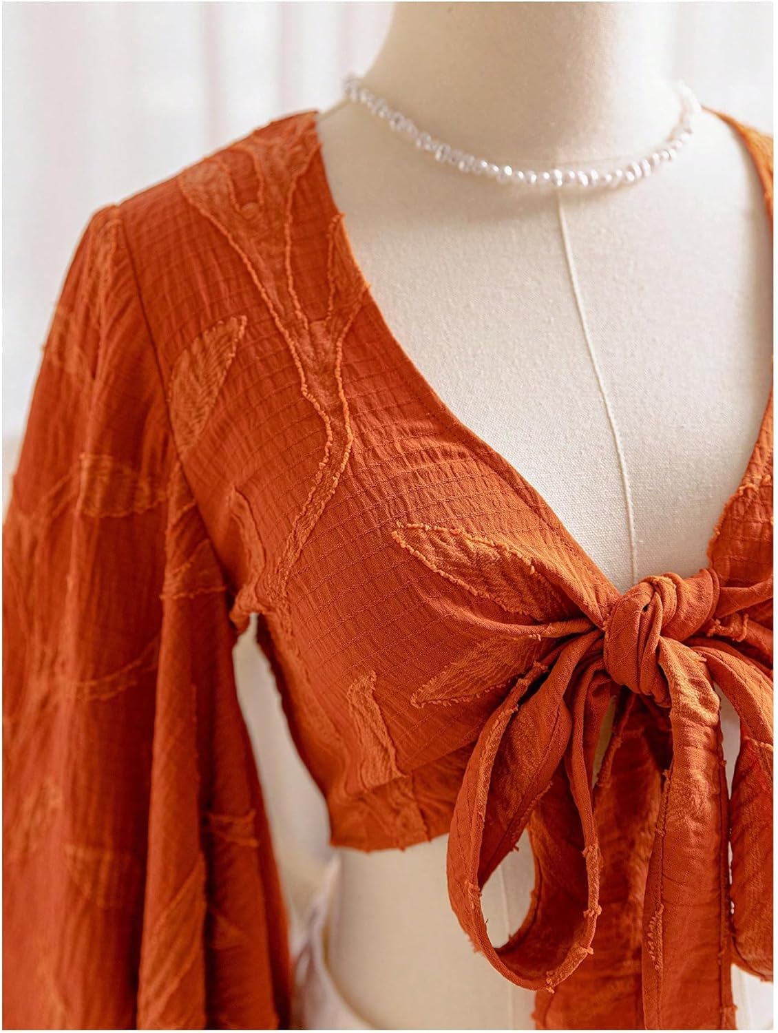 QJQ Women's Floral Ruffle Boho Crop Tops 70s Hippie Disco Western Outfits 3/4 Bell Sleeve Tie Front Deep V Neck Blouses - Image 3