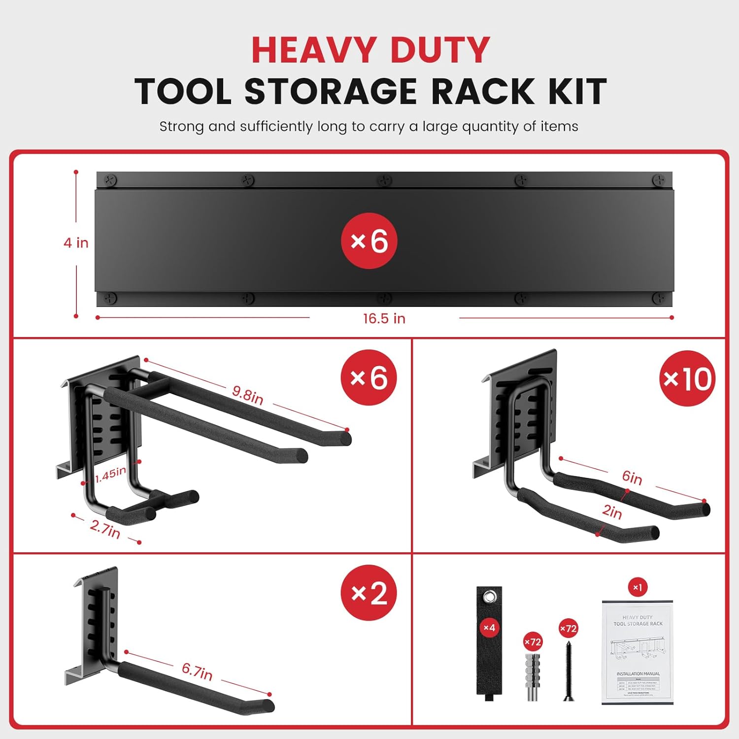 99" Heavy Duty Wall Mounted Garage Tool Organizer – 6 Panels & 18 Adjustable Hooks, 1380 lbs Load Capacity, Modular Storage for Efficient Tool Organization, Easy Install in Garage, Garden, 28 Pack - Image 2