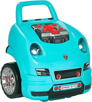 Qaba Truck Engine Toy, Kids Mechanic Set with Lights, Sounds, Steering Wheel and Horn, Pretend Car Service Station Play with 61-Piece Included for Kids Aged 3+, Blue