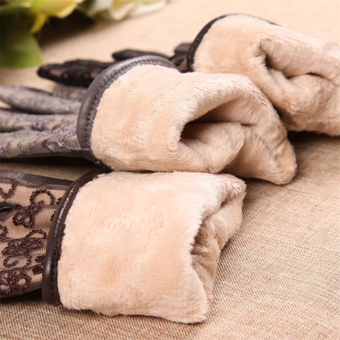 Guantes de cuero para mujer, con empalme de encaje, guantes de conducción con forro femenino, color marrón, talla M, Gris oscuro9, M