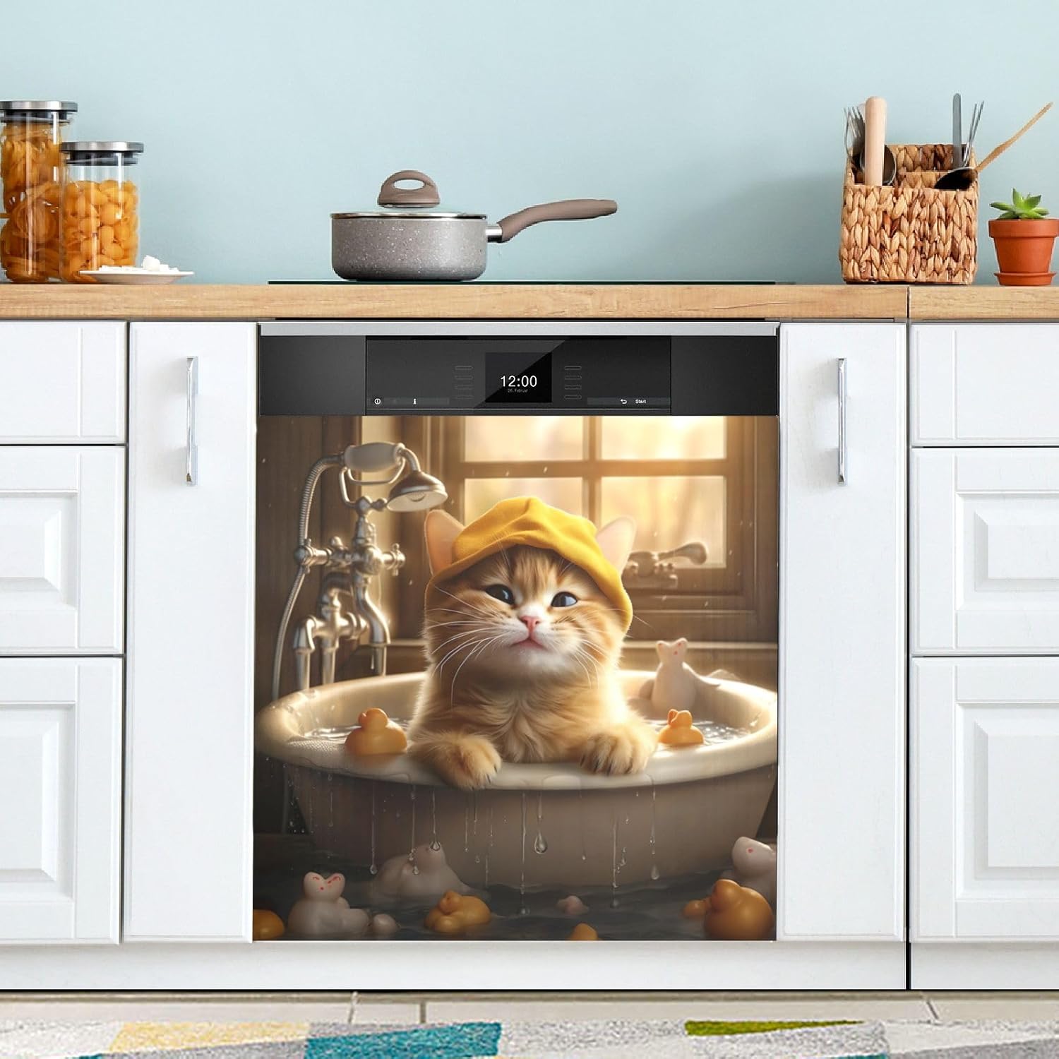 Cute Cat in Bathtub Dishwasher Magnet Cover Decorative, Farmhouse Kitchen Panel Decal Magnetic Dish Washer Cover 23" x 26"