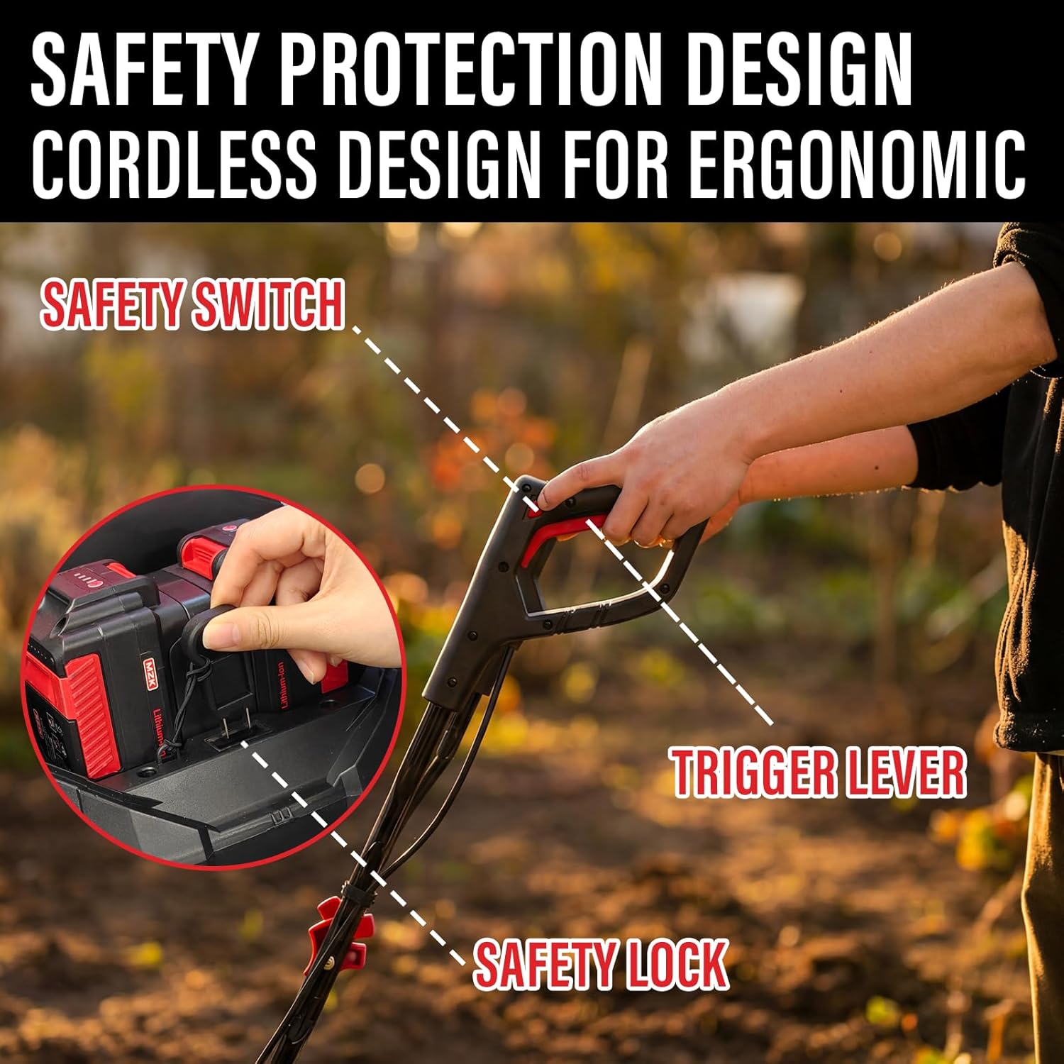 MZK 40V 12-inch Cordless Garden Tiller, 12In Width and 8.6In Depth Garden Rototiller,Battery Powered Garden Cultivator for Lawn/Gardening/Soil Cultivation(2 * 4.0Ah Battery&Charger Included),TC12D02