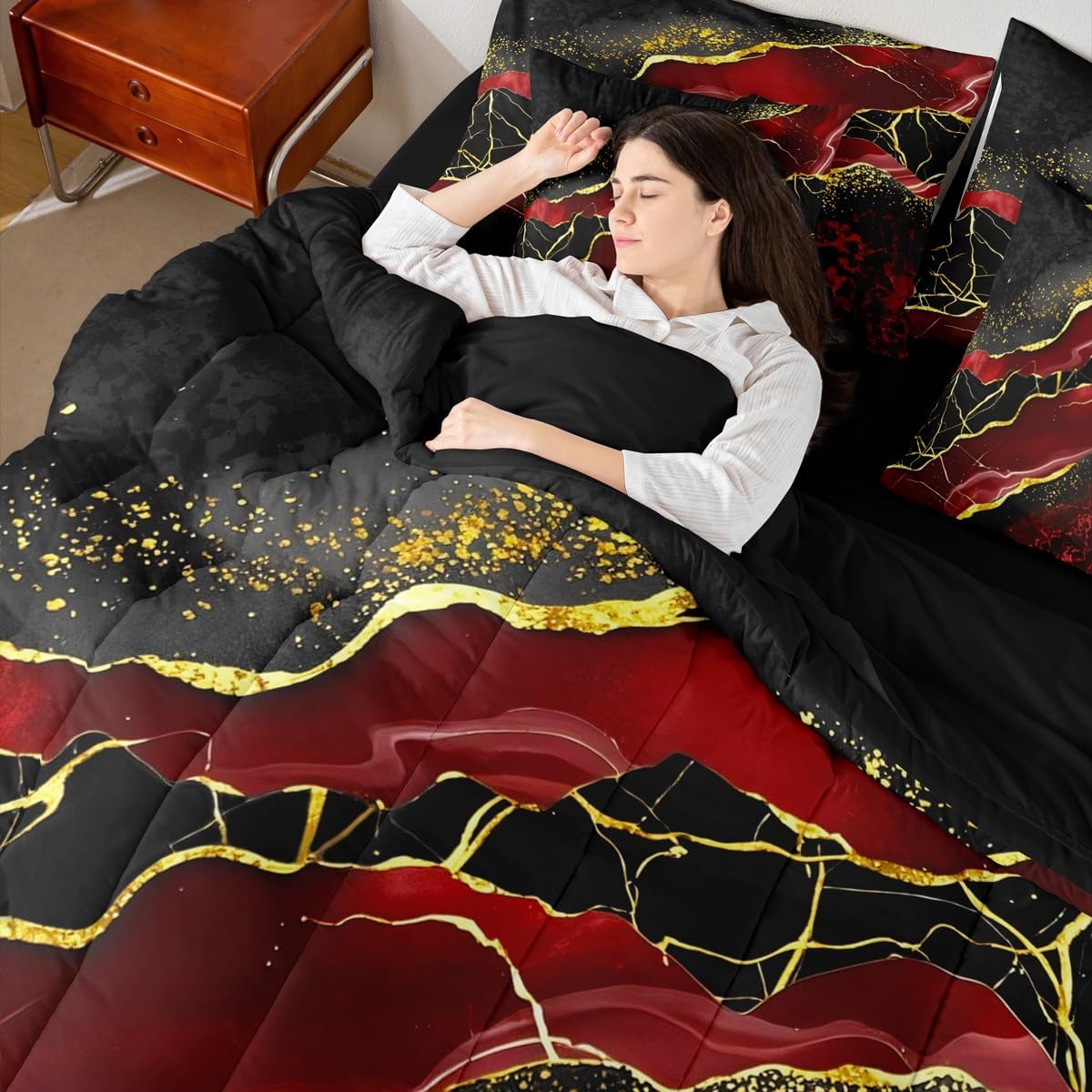 Erosebridal 7 Pcs Black Red Golden Marbling Crack Bed Set Queen Size Marble Comforter for Women Adults,Fluid Aesthetic Abstract Sheet Set Bed in A Bag Art Shiny Galaxy Bedroom Decor