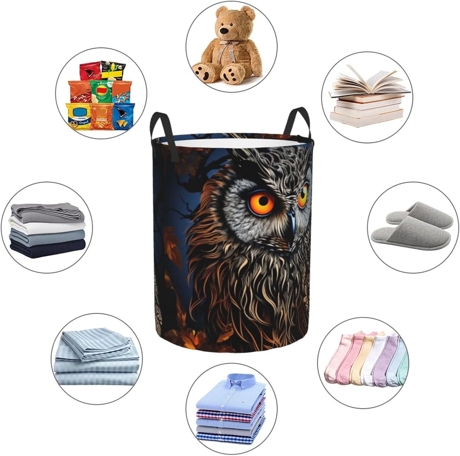 Black Owl Laundry Basket With Handles Foldable Oxford Cloth Tote Bag Laundry Hamper Waterproof Clothes Storage Bucket Toy Organizer For Laundry Room/Bathroom/Bedroom/Dormitories