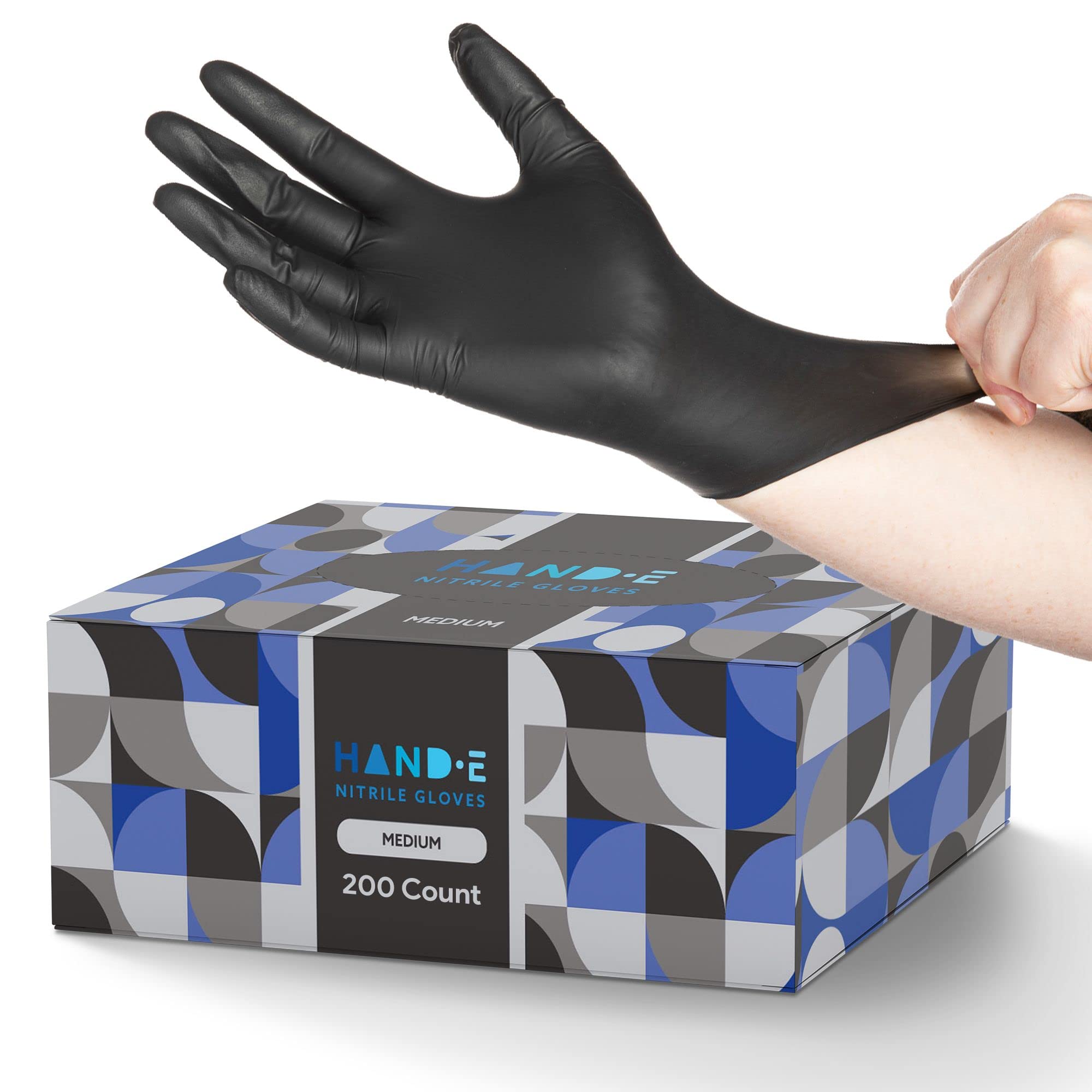Hand-E Touch Black Nitrile Disposable Gloves Medium, 50 Count - BBQ, Tattoo, Hair Dye, Cooking, Mechanic Gloves - Powder and Latex Free