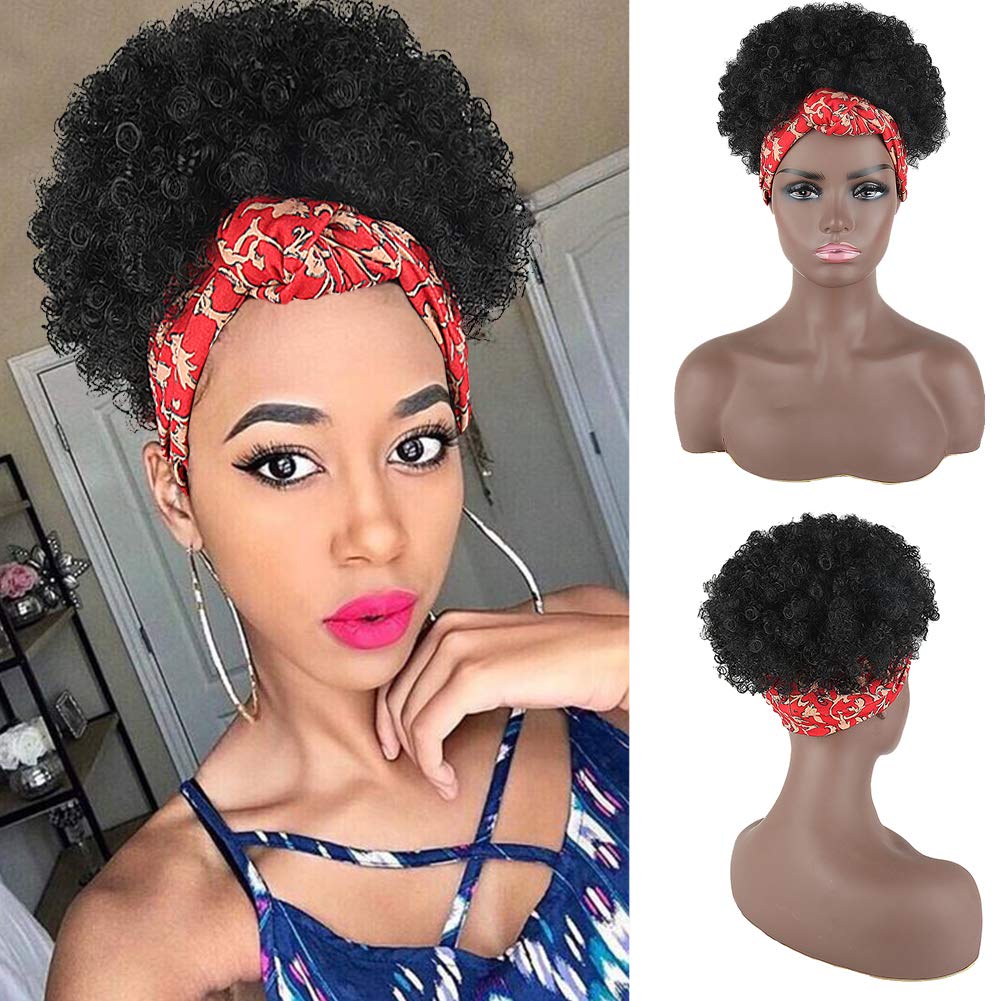 YiTi Hair High Afro Puff Headwrap Drawstring Ponytail Kinky Curly Pony Tail Synthetic Bun Wrap-wig 2 in 1 Updo Head-Wrap Hairpieces Puff Ponytail Hair Extensions for Women (Wrap-wig 2 in 1-1B#)