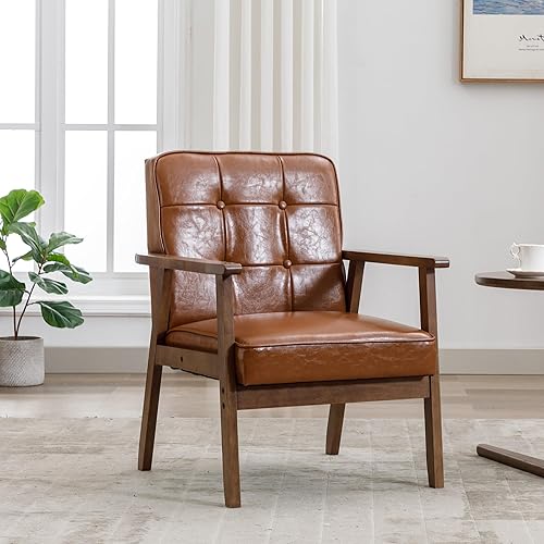 Miniatura 44 de Okeysen Silla decorativa moderna de mediados de siglo, silla auxiliar retro de madera y cuero, cómoda silla de lectura para sala de estar, Negro