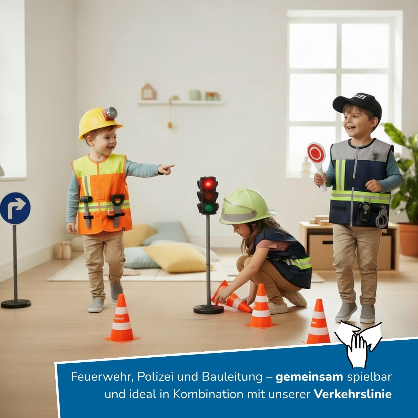 alldoro Rollenspielsets Feuerwehr/Polizei/Bauleiter, Kostüm mit Weste, Kopfbedeckung & Zubehör, inkl. Spielkarten, für Kinder ab 3 Jahren