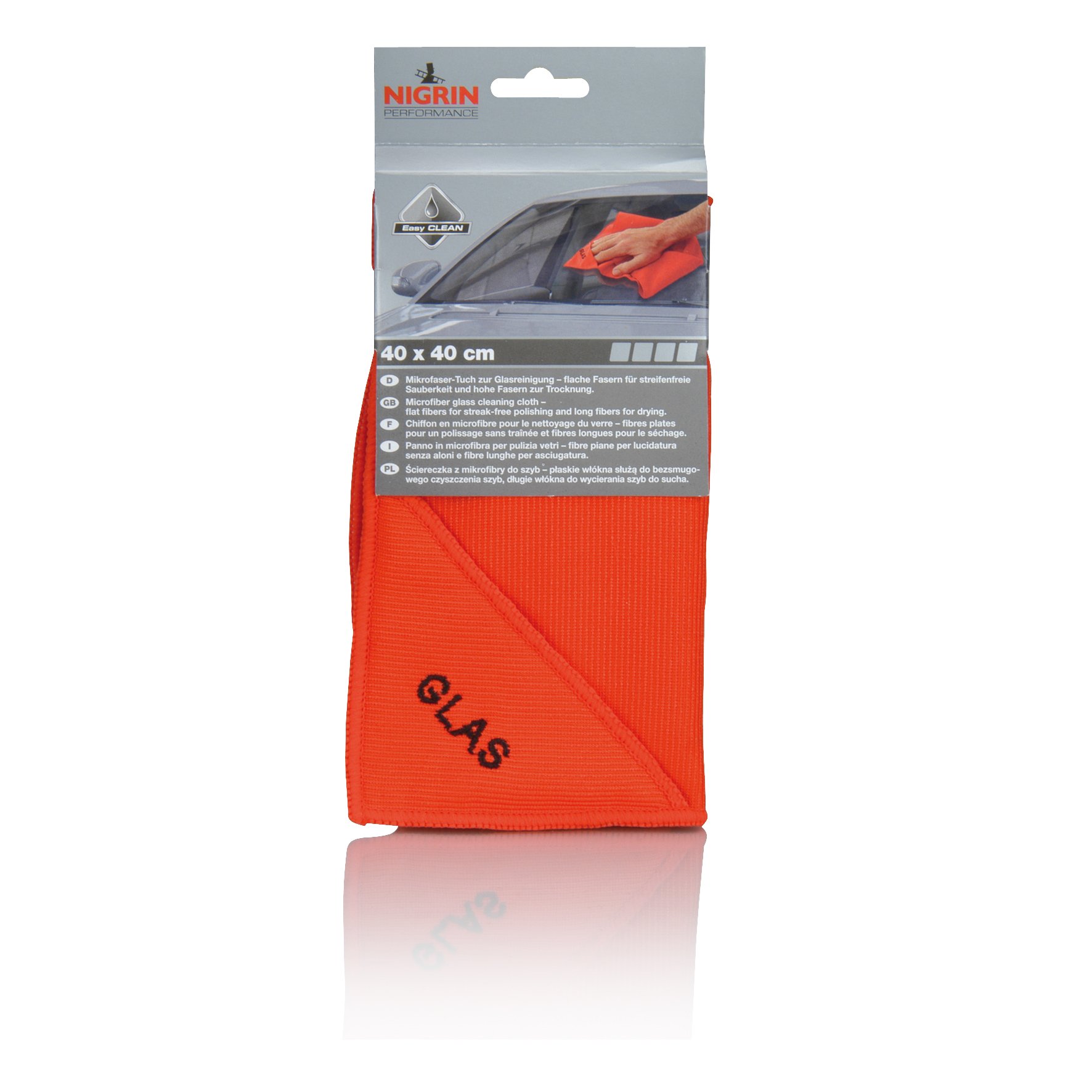 NIGRIN Mikrofaser-Tuch Glas, schlierenfreie und streifenfreie Reinigung von Autoscheiben, Spiegeln und Fenstern, garantiert fusselfrei, Auto Microfasertuch Autopflege, 40x40 cm