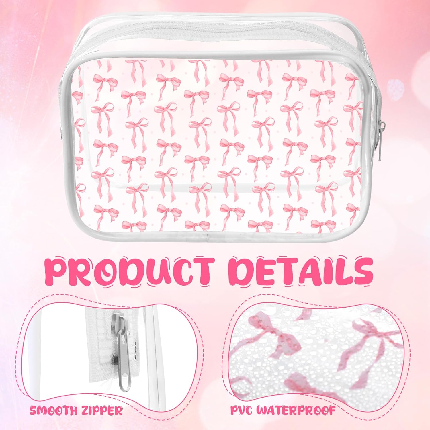 Kacctyen 12 Pcs Pink Bow Cosmetic Bag Coquette Preppy PVC Makeup Bag Bulk Clear Zippered Travel Toiletry Pouch Gift for Women Birthday Party Favor Bridal Shower