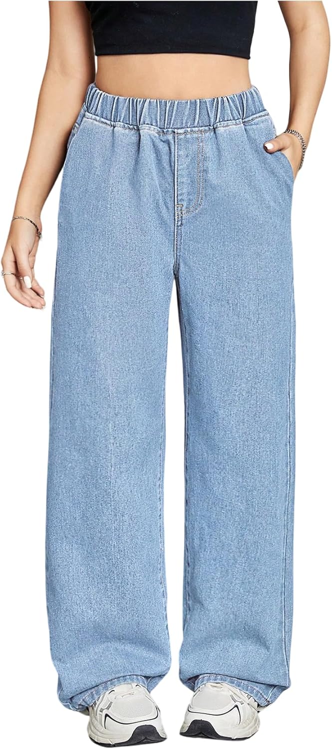OYOANGLE Girl's Elastic Waist Straight Leg Jeans Loose Pull on Denim Pants with Pockets