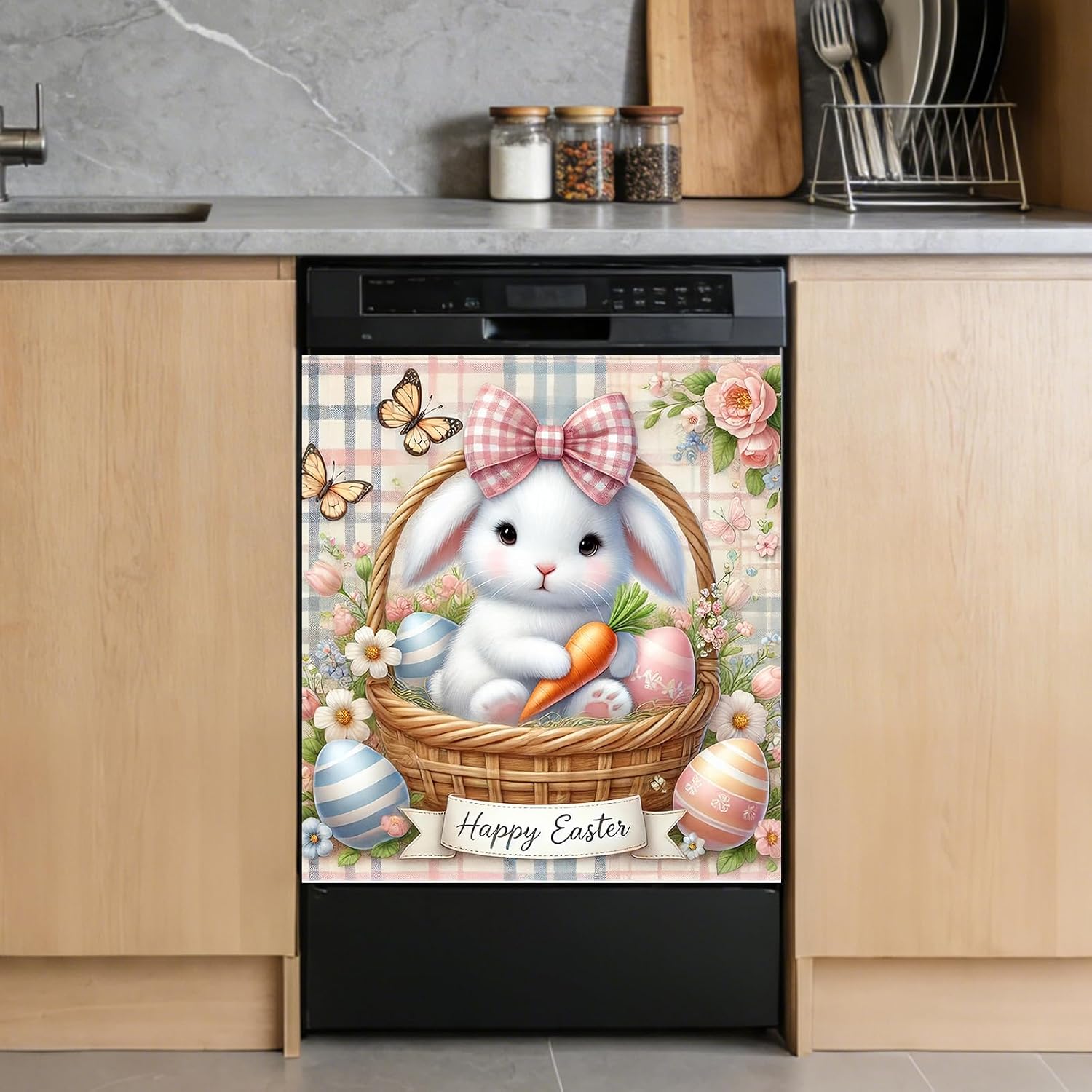 Nuxovilar Dishwasher Magnet Cover Bunny Basket Pattern 23 X 26InchesPVC Kitchen Dishwasher Magnet Cute Home Kitchen, Apartment, Festive Space