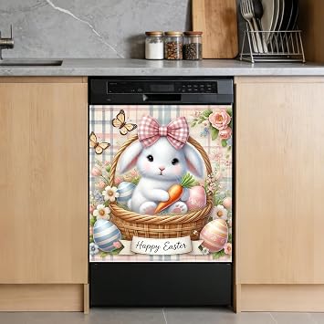 Nuxovilar Dishwasher Magnetic Cover Sticker Panel 23x26in PVC | Appliance Decal Fridge Magnet Decorative Board Cute Home Kitchen Apartment Festive Space Bunny Basket