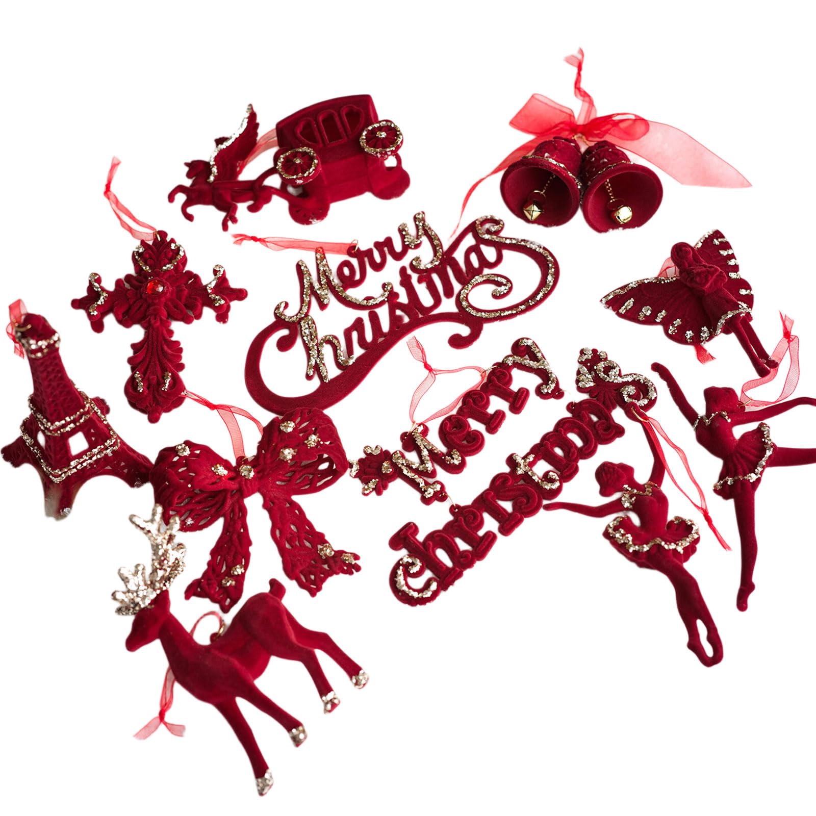 Jazuaiao Sequins Velvety Bowknot/Deer/Bells/Butterfly Ornament Shatterproof Christmas Tree Decoration for Holiday Tree Wreath Christmas Decorations Red Blanketed Ornamentation