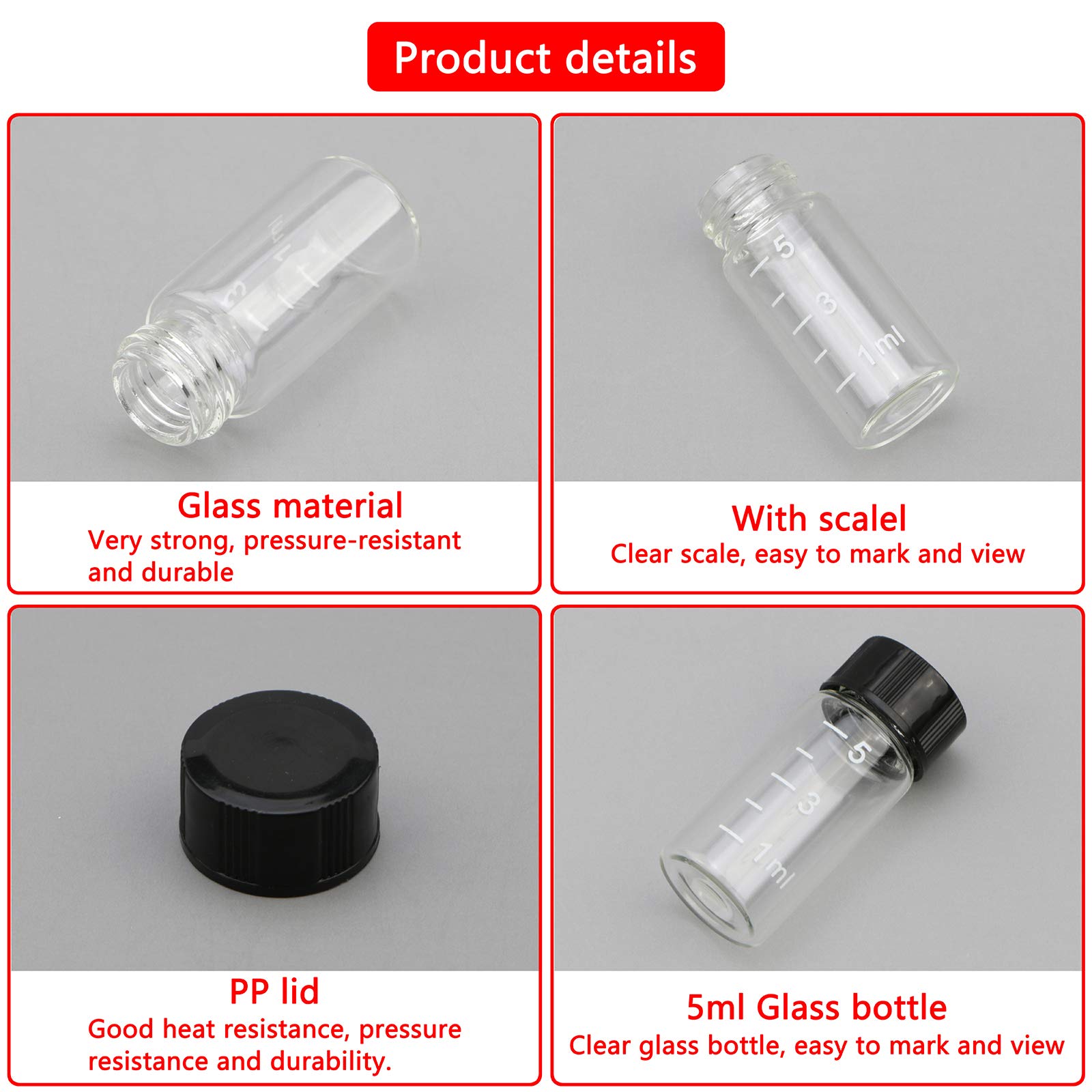 10pcs Mini Flaconi di vetro trasparenti da 5ml (1/6 once) con campione di scala Nero Tappo a vite graduato Bottiglie Trasparente Lab Travel Container