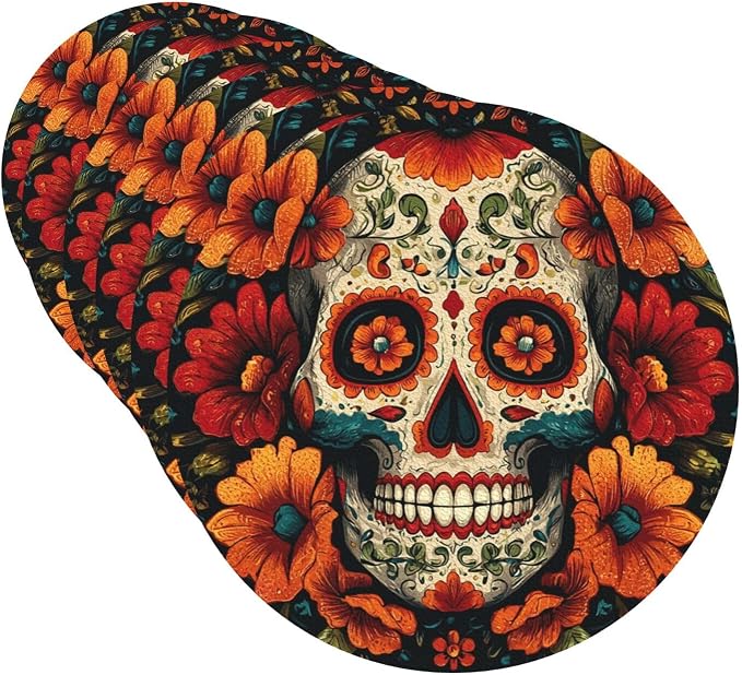 Drink Coaster Set of 6 Leather Coasters Colorful Sugar Skull Coasters for Drinks Round PU Beverage Cup Mat Heat Resistant Cup Mat for Coffee Table Home Decor Tabletop Protection Mats