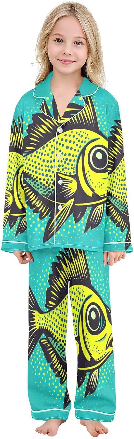 Button Up Satin Pajamas Set Fish Novelty Cartoon Yellow Long Sleeve Sleepwear 2 Piece Pjs Set 5-14 Years