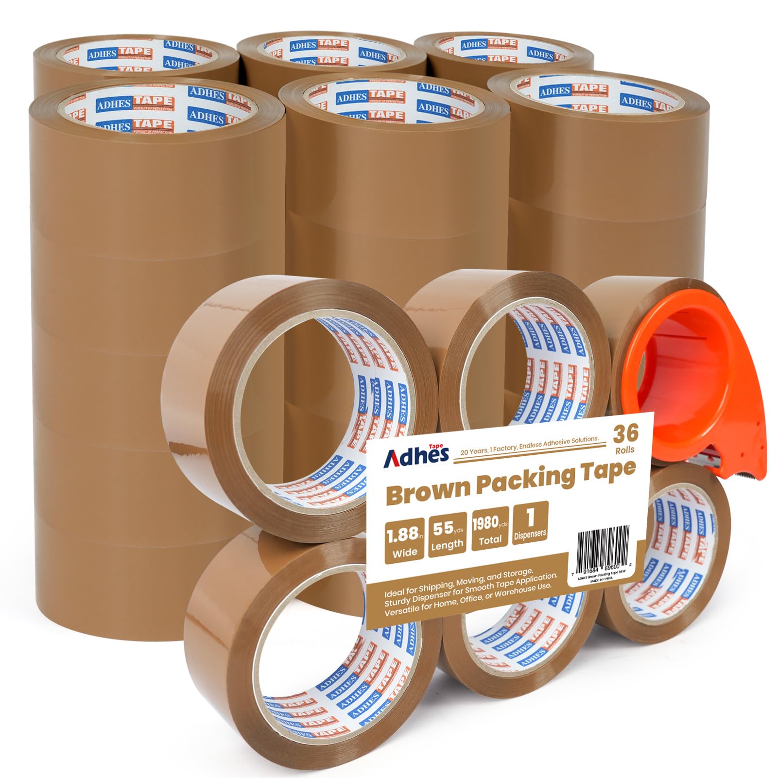 ADHES 36 rotoli da imballaggio per film, 48mm x 50m marrone nastro industriale a basso rumore, con taglierina, scatola di cartone per trasporto e movimento