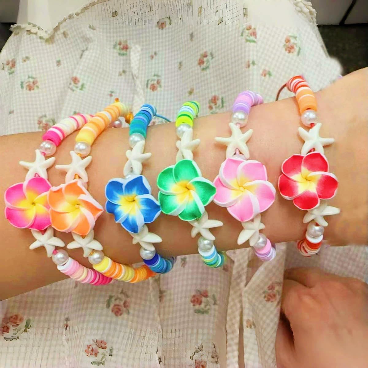 Caiyao Bohemia Hawaiian Plumeria Rubra Polymer Clay Stretch Bracelets Set Handmade Colorful Starfish Tropical Flower Glass Beaded Stackable Bracelet for Women Luau Beach Party Vacation Jewelry Gifts - Image 5