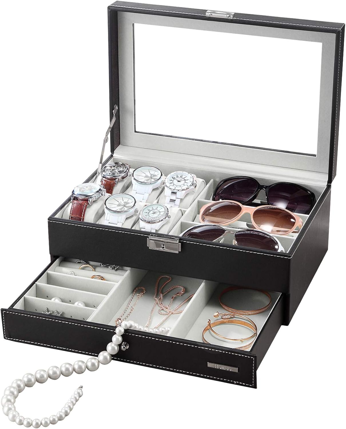 Homde 6 Slots Watch Box Glasses Holder Jewelry Box Gift for Men Women (Black (Grey Lining))