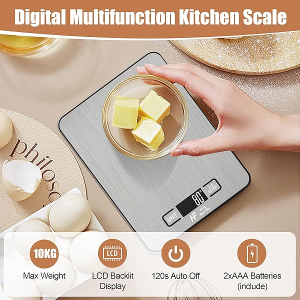 HomeFashion Large 23x17cm 10kg 1g Digital Kitchen Scales Food Scale Stainless Steel Surface With Backlit LCD Display Multifunction for Home Office Use - 3