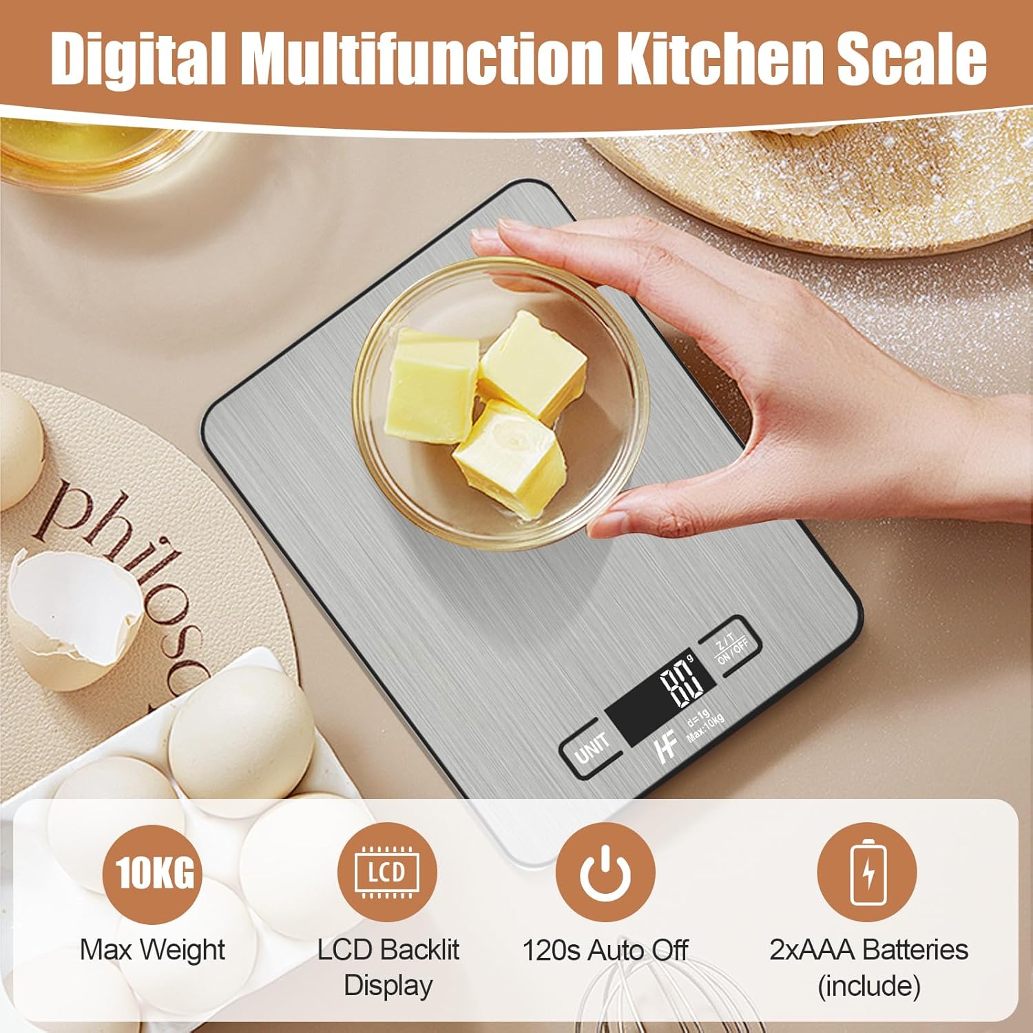 HomeFashion Large 23x17cm 10kg 1g Digital Kitchen Scales Food Scale Stainless Steel Surface With Backlit LCD Display Multifunction for Home Office Use - Image 3