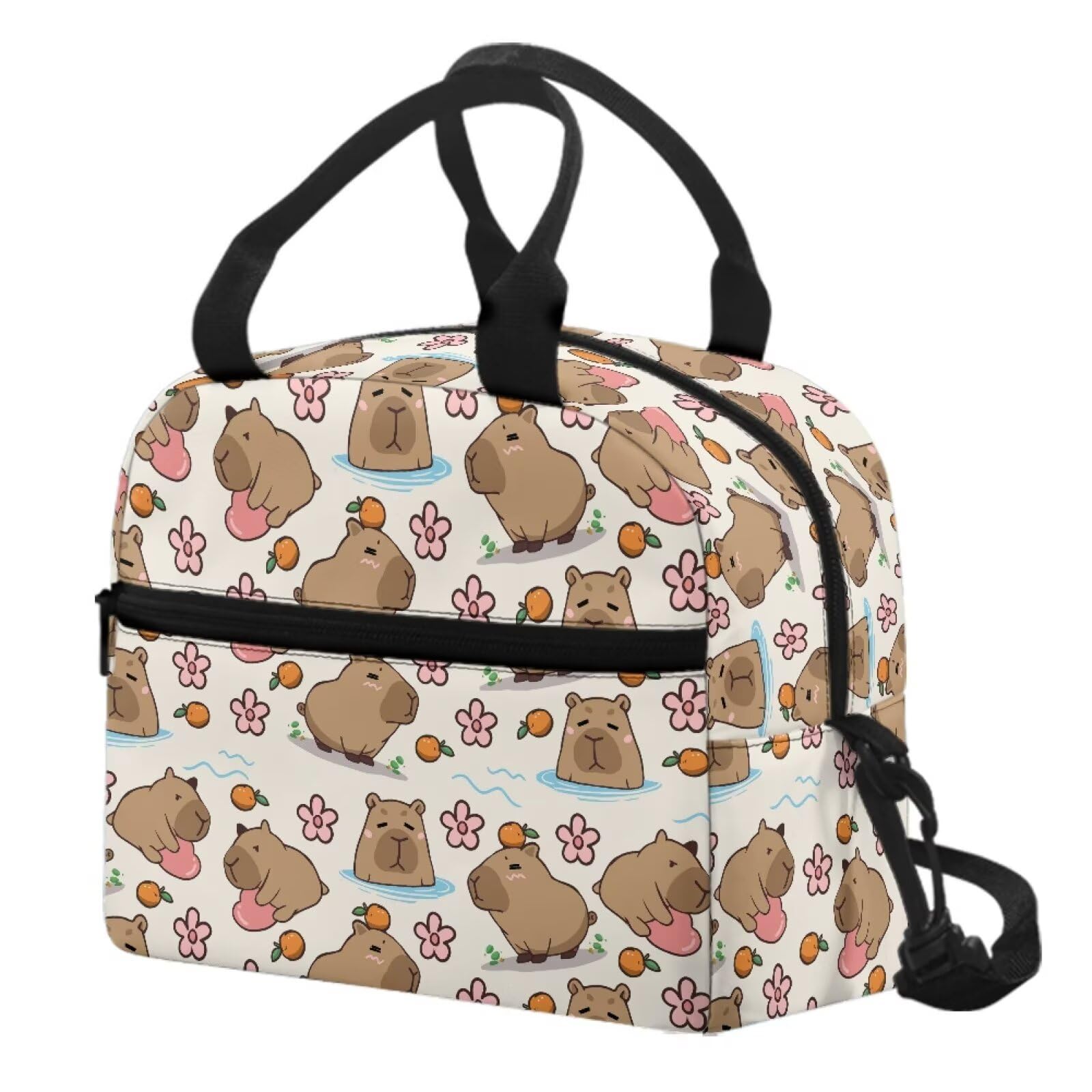 Floral Capybara Lunch Box for Kids Lightweight Lunch Tote Bag for Girls Polyester Bento Bag with Zipper Pocket