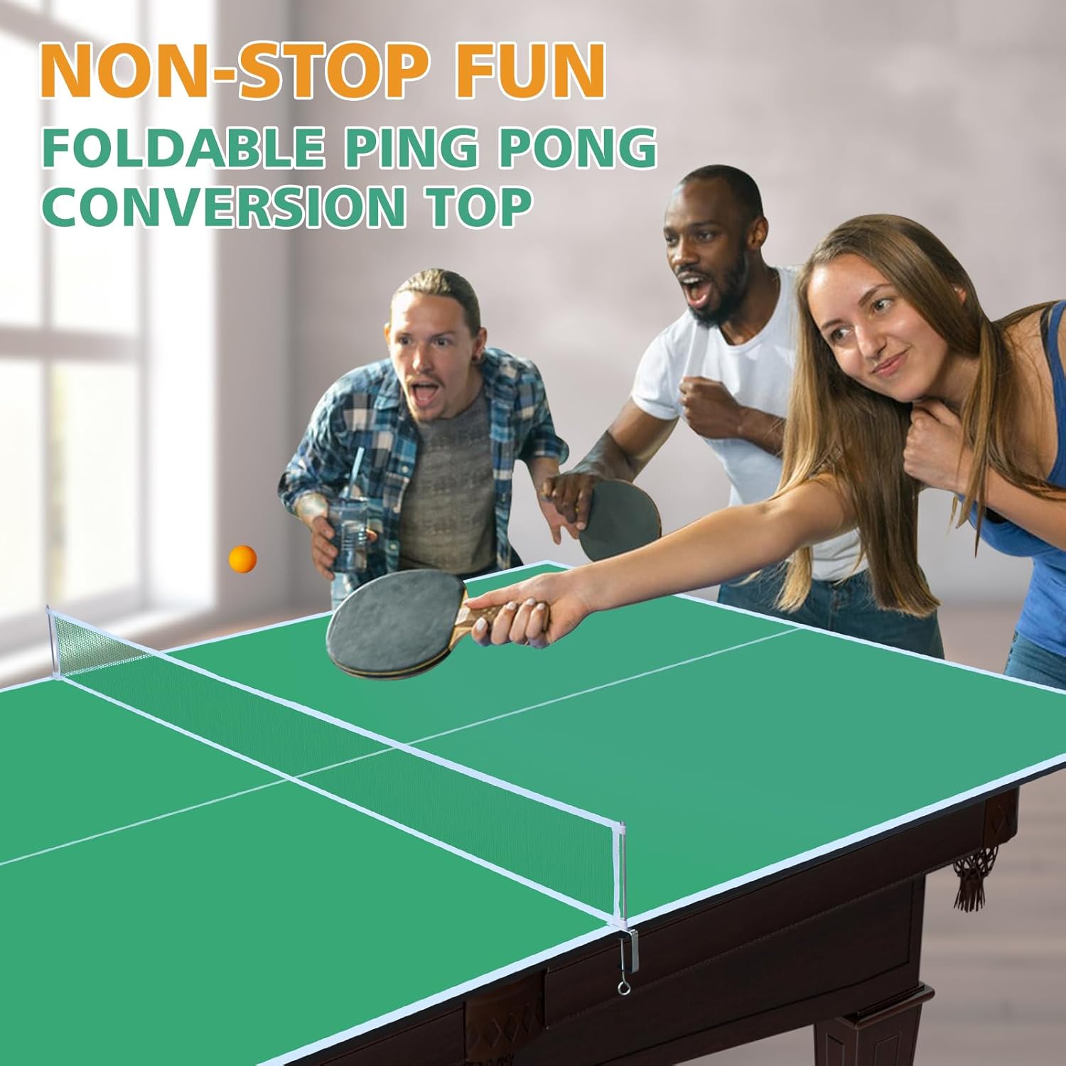 Ping Pong Conversion Top, 8 FT / 9 FT Foldable Table Tennis Topper for Pool & Billiard Tables, 12MM MDF, Compact Storage, Net & Posts Included, Easy Setup, Indoor Use