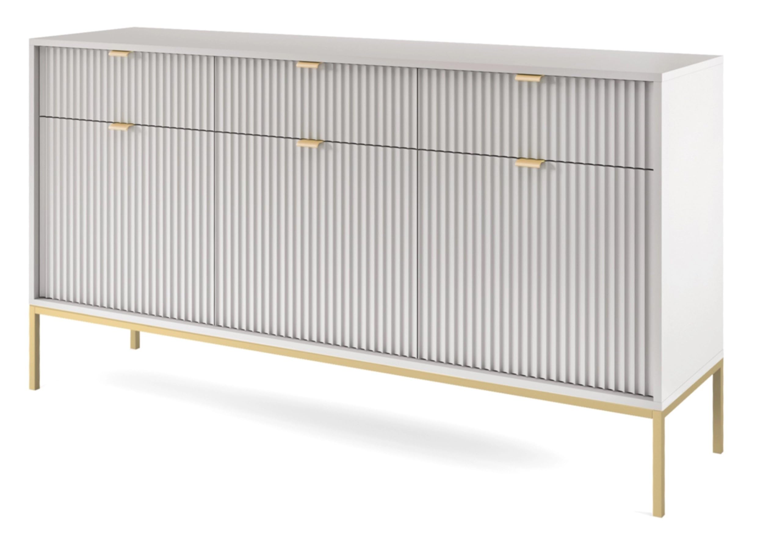 Selsey VELLORE Kommode, 3-türig mit 3 Schubladen – Grau, geriffelte Fronten, goldene Metallbeine, 154 cm breit
