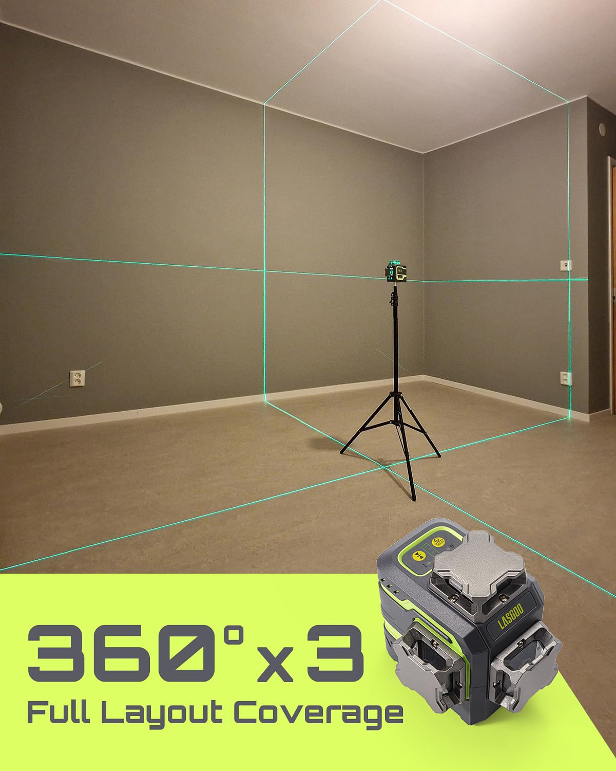 LasGoo LG-3DM Livella laser verde, laser a linea 3x360° autolivellante per edilizia e appendimento quadri, batteria integrata da 5200 mAh, cavo Type-C, supporto rotante magnetico incluso