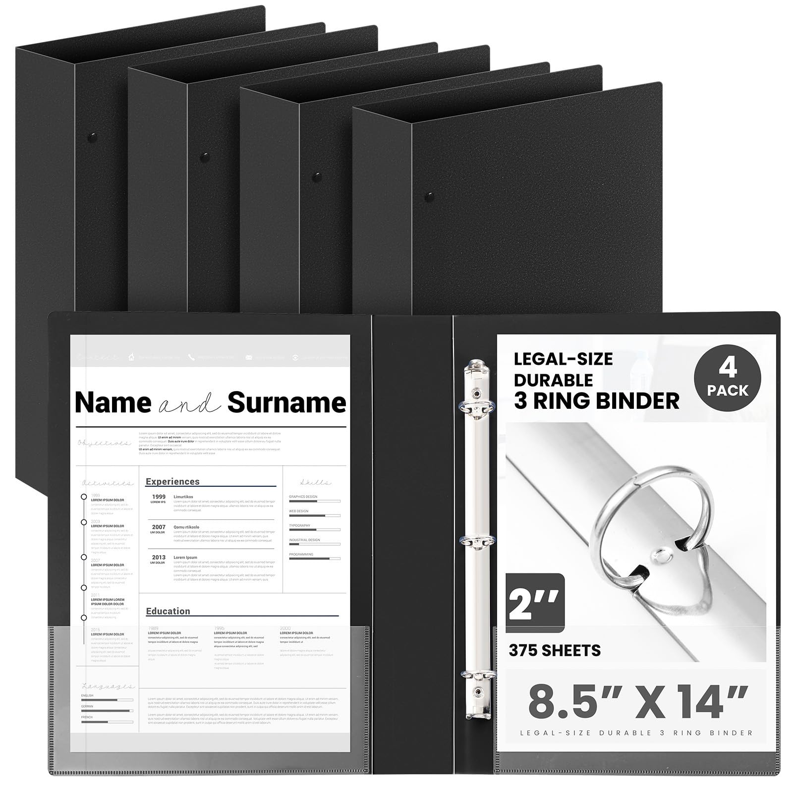 Henoyso 4 Pcs 8.5" x 14" Legal Size Binder, 3 Ring, 2 Inch, Black