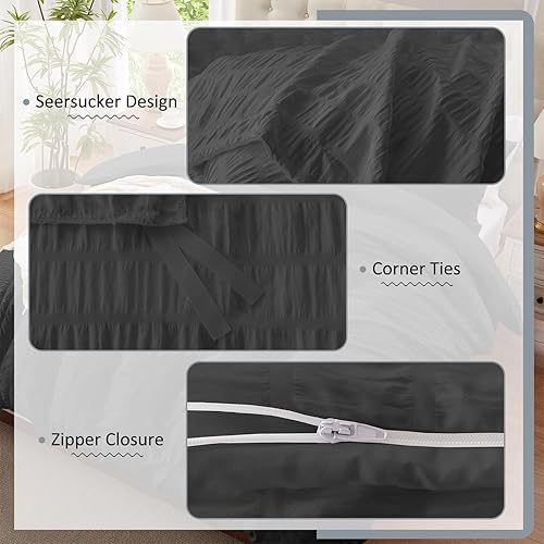 Miniatura 3 de Funda de edredón gris oscuro tamaño matrimonial, 3 piezas, juego de funda de edredón de sirsaca transpirable con cierre de cremallera y lazos en las