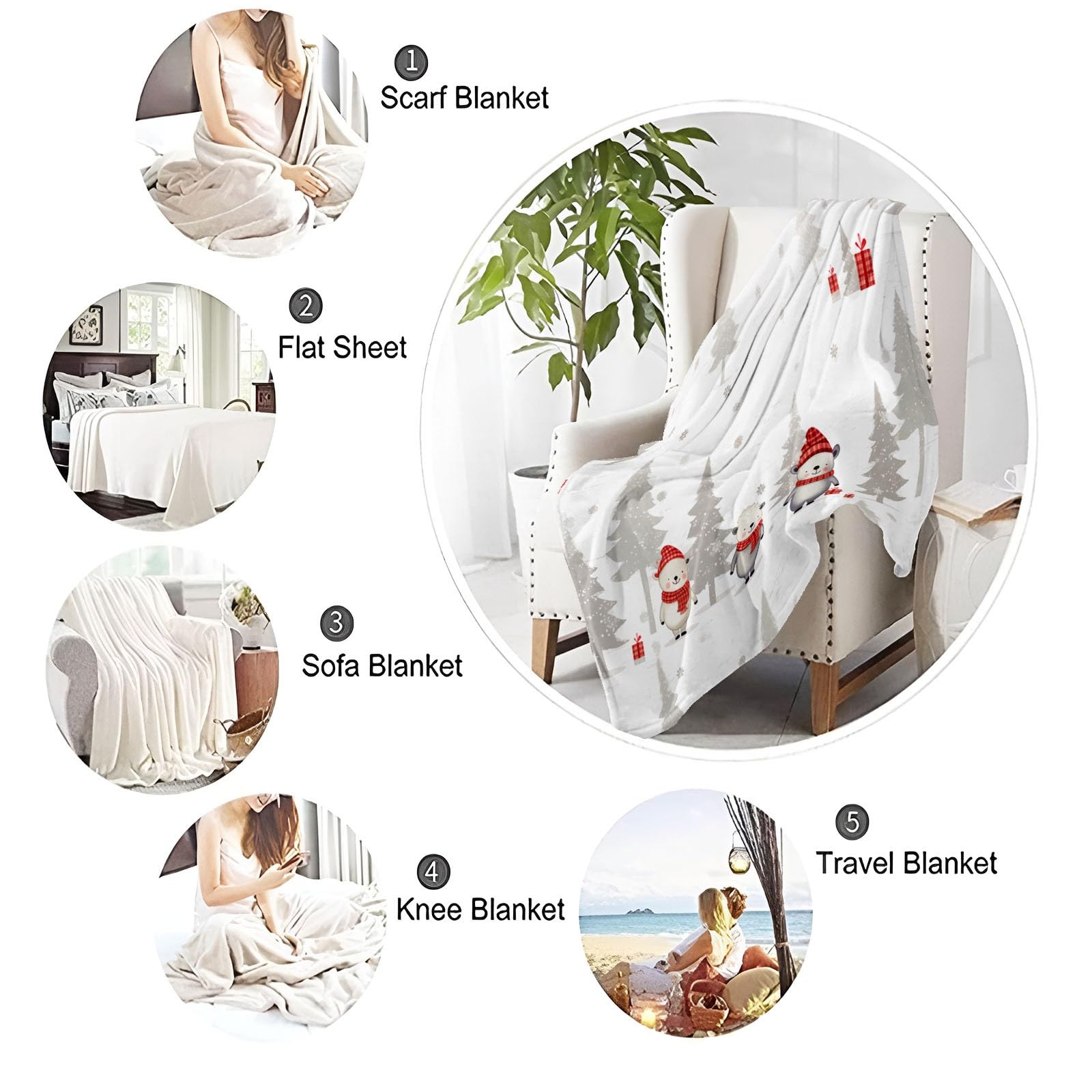 Manta Decorativa Blanco grisáceo Rojo, Estampada Elementos navideños Lindo Oso Pino, Suave y acogedora Manta de Franela para Cama sofá sillón y Silla, Adecuada para Todas Las Estaciones, 150×200 cm