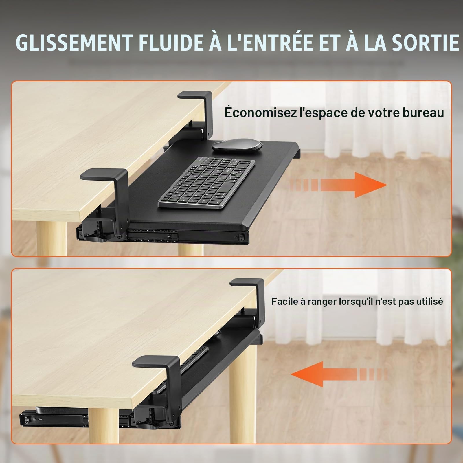 VEVOR Support Clavier 68x28 cm Plateau pour Clavier et Souris Coulissant sous Bureau Charge Max 5 kg Tablette Coulissante Clavier Fixation Facile avec Pinces en C Sans Perçage pour PC Bureau Domicile