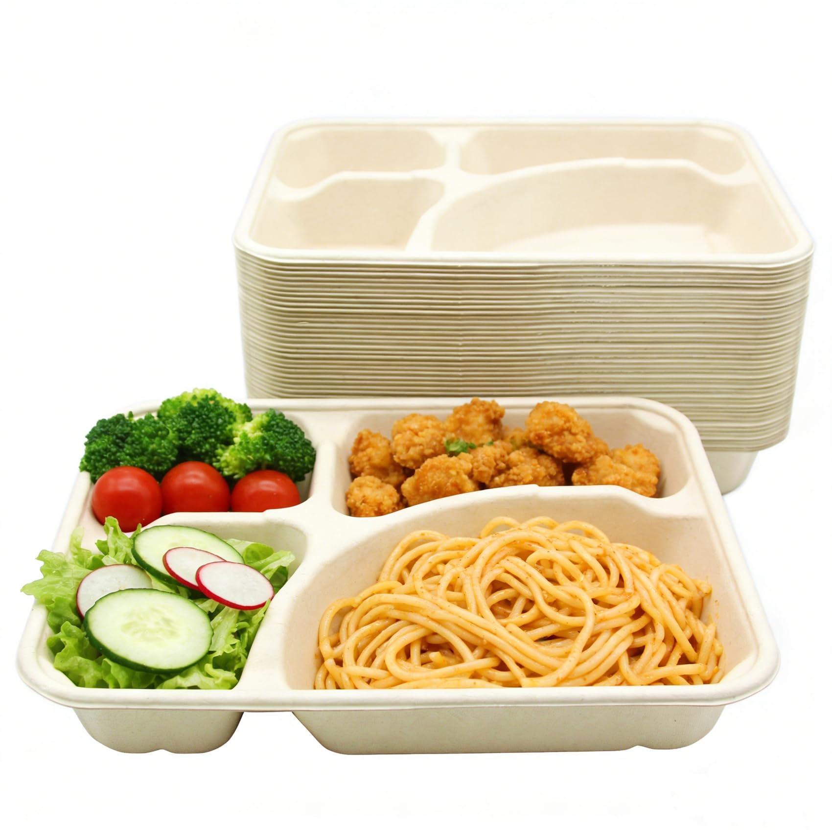 Paquete de 50 platos de papel compostables, plato de compartimento de caña de azúcar resistente, bandeja dividida apta para microondas para adultos, para preparación de comidas, bufés