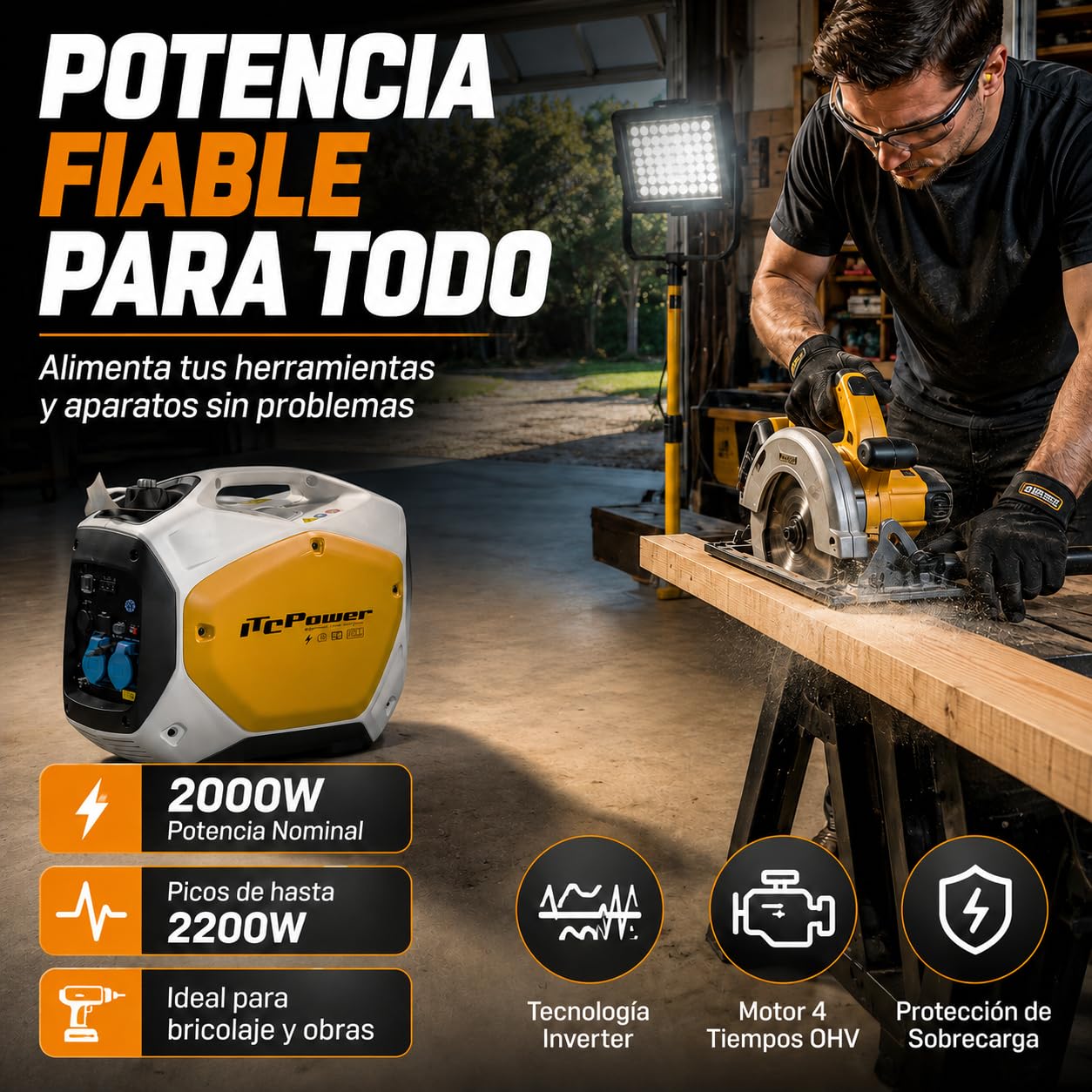 ITCPower Generador Inverter Gasolina 2200W Silencioso y Portátil para Exteriores - Generador 2000W Ideal para Electrónica Sensible - Generador Inverter 230V con Bajo Ruido 59dB - 3h de Autonomía