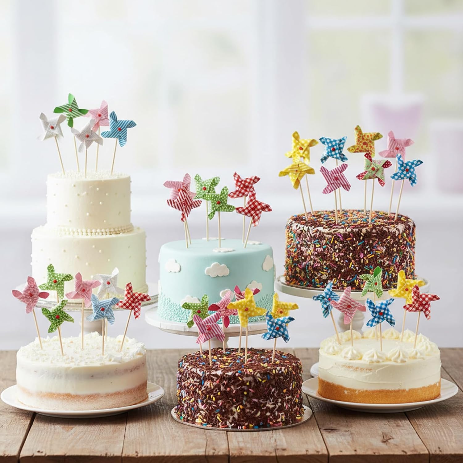 Pack of 24 Windmill Cupcake Toppers, Paper Cake Toppers for Cake Muffin and Cupcakes, Colourful Non-Edible Cake Toppers for Birthday Party Baby Shower Home