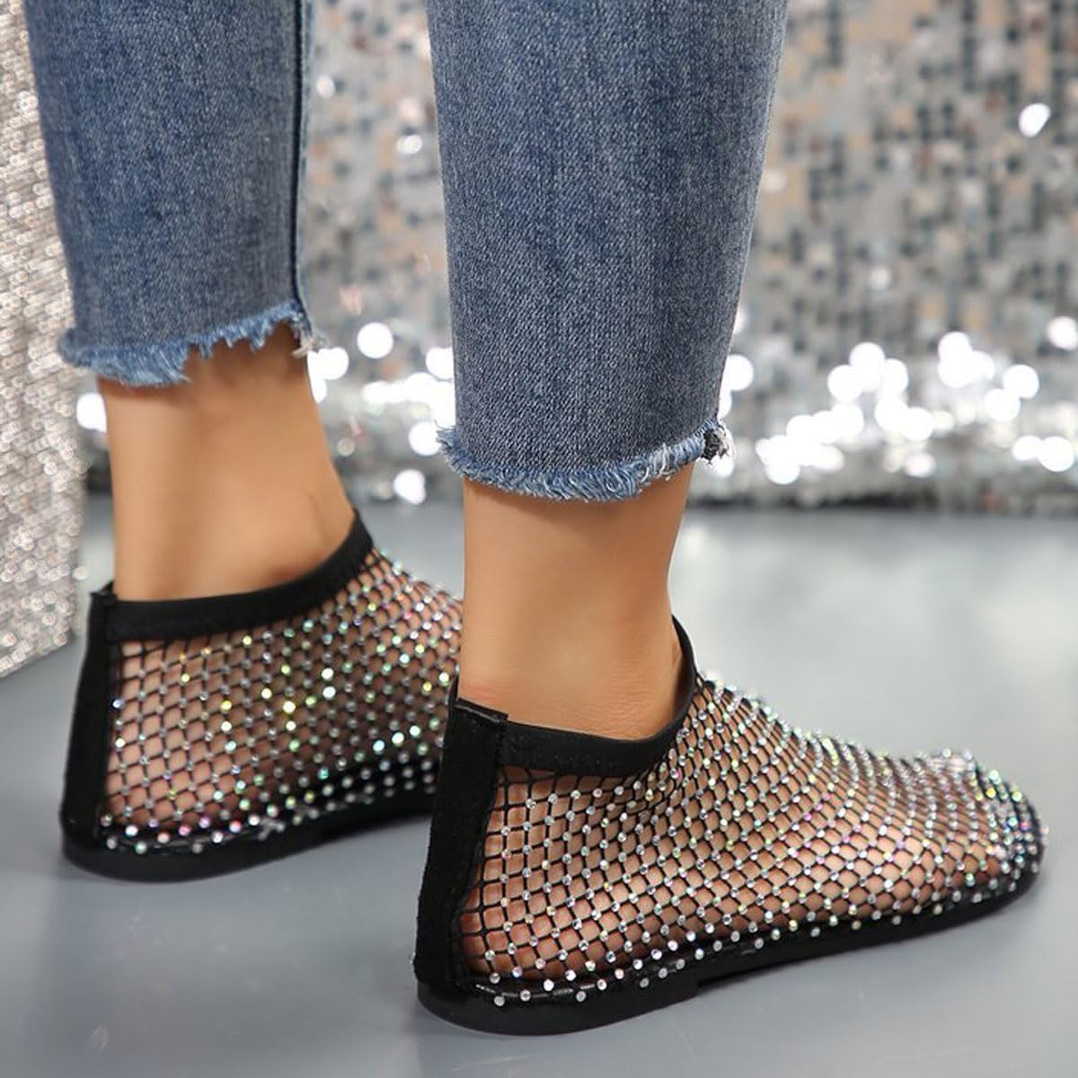 Ultra Comfortable Mesh Flats for Women Fishnet Sandals Low Heel Slip on Rhinestone Shoes - Image 4