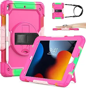 SIBEITU Case Compatible with iPad 9th/8th/7th Generation with Screen Protector Pen Holder, iPad Case 10.2 Inch, Heavy Duty Rugged Protection Cover W/Stand Hand Shoulder Strap for iPad A2602 A2197