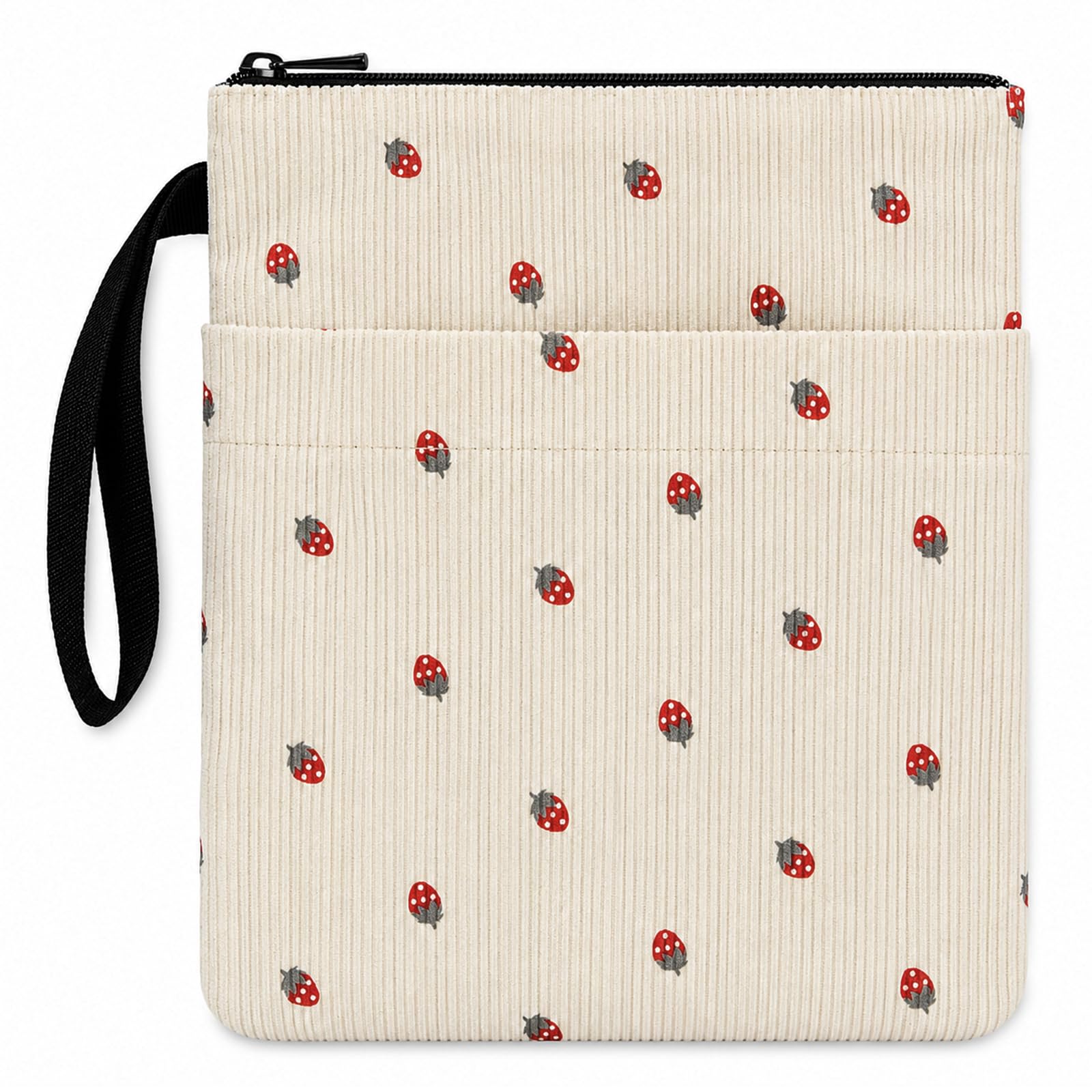 Exylosluxek Strawberry Book Sleeve, Corduroy Book Sleeve Pouch with Zipper Closure, Front Pocket and Carrying Strap for Book Protection