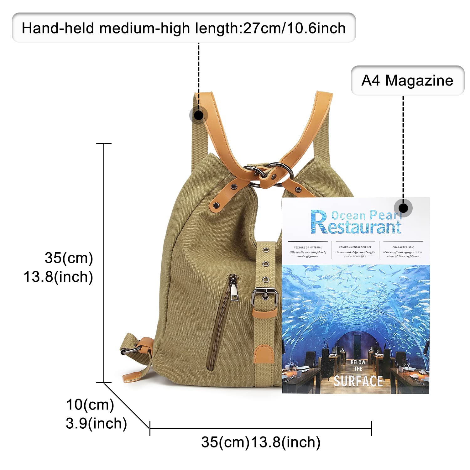 Kono Mochila de Bandolera, Bolso de Lona Versátil y Multifuncional, Elegantes Bolsos Cruzados, Gran Capacidad Mochila Duradera para Viajes de Gran Capacidad para Mujeres Niñas(Khaki)